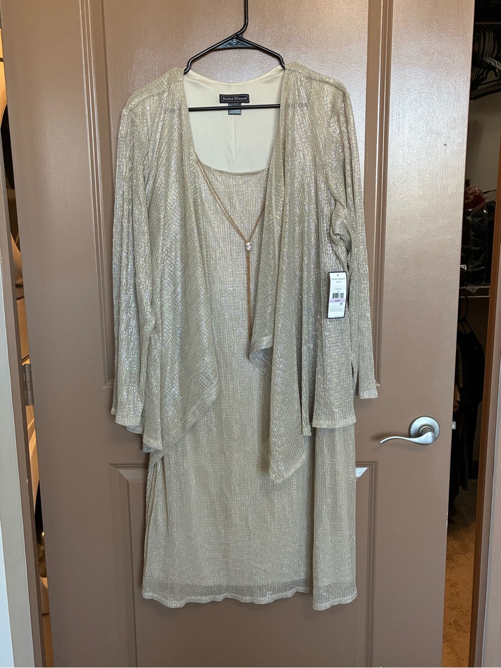 Vintage Jessica Howard Metallic Gold Layered Long-Sleeve Dress with Jacket